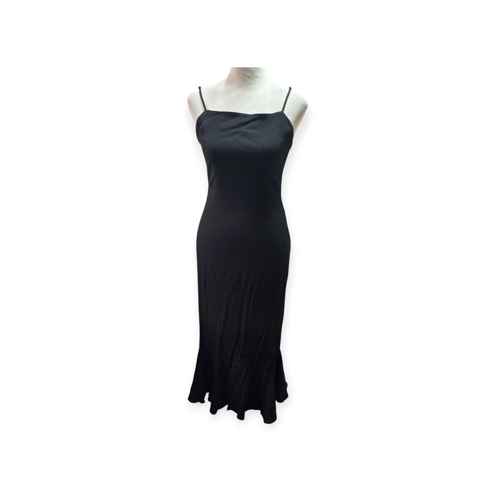 Reformation Black Crepe Midi Dress‎ Square Neck Ruffle Hem size 2 #1059